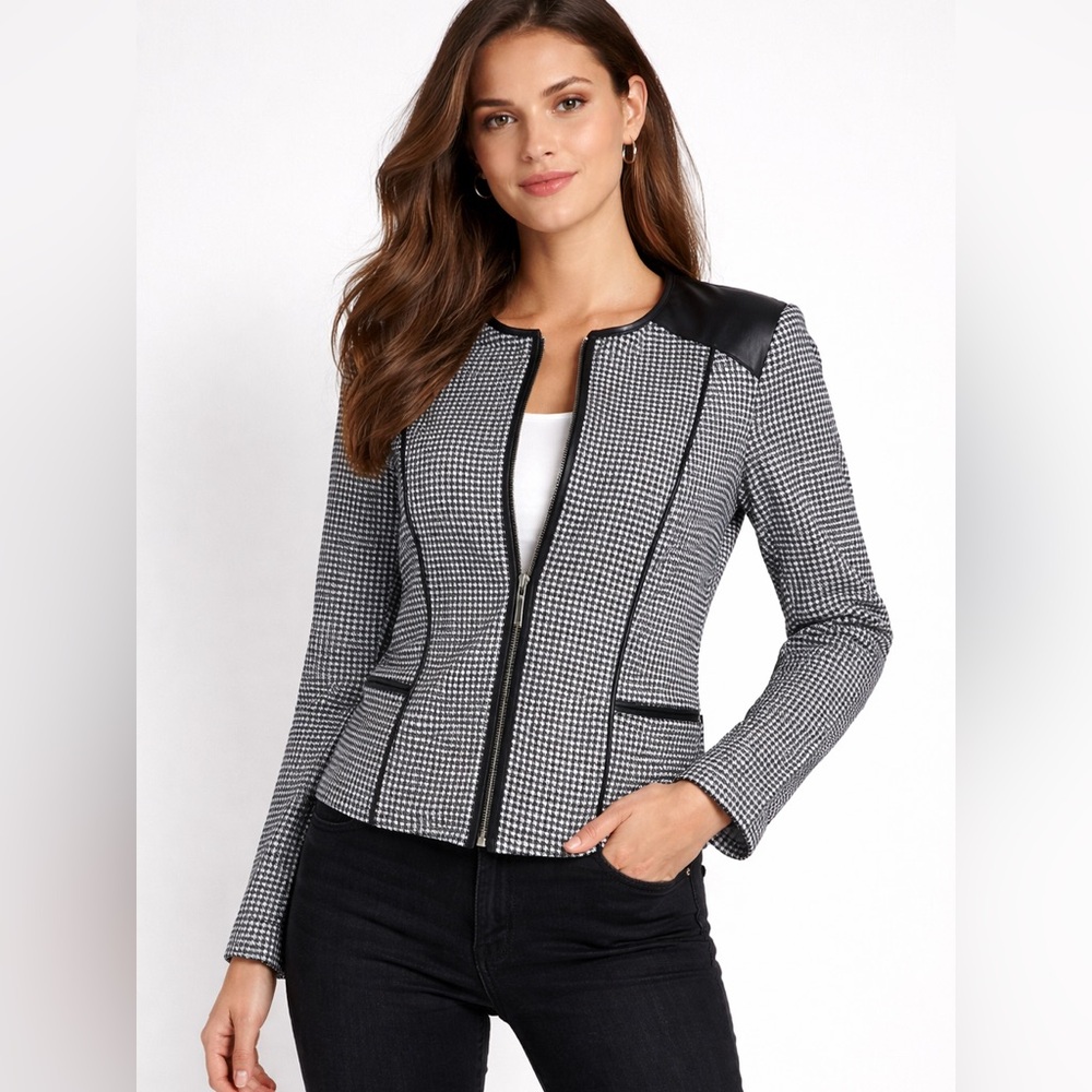 WHBM Houndstooth Jacket Faux Leather Trim Zip Front Blazer Small Black White